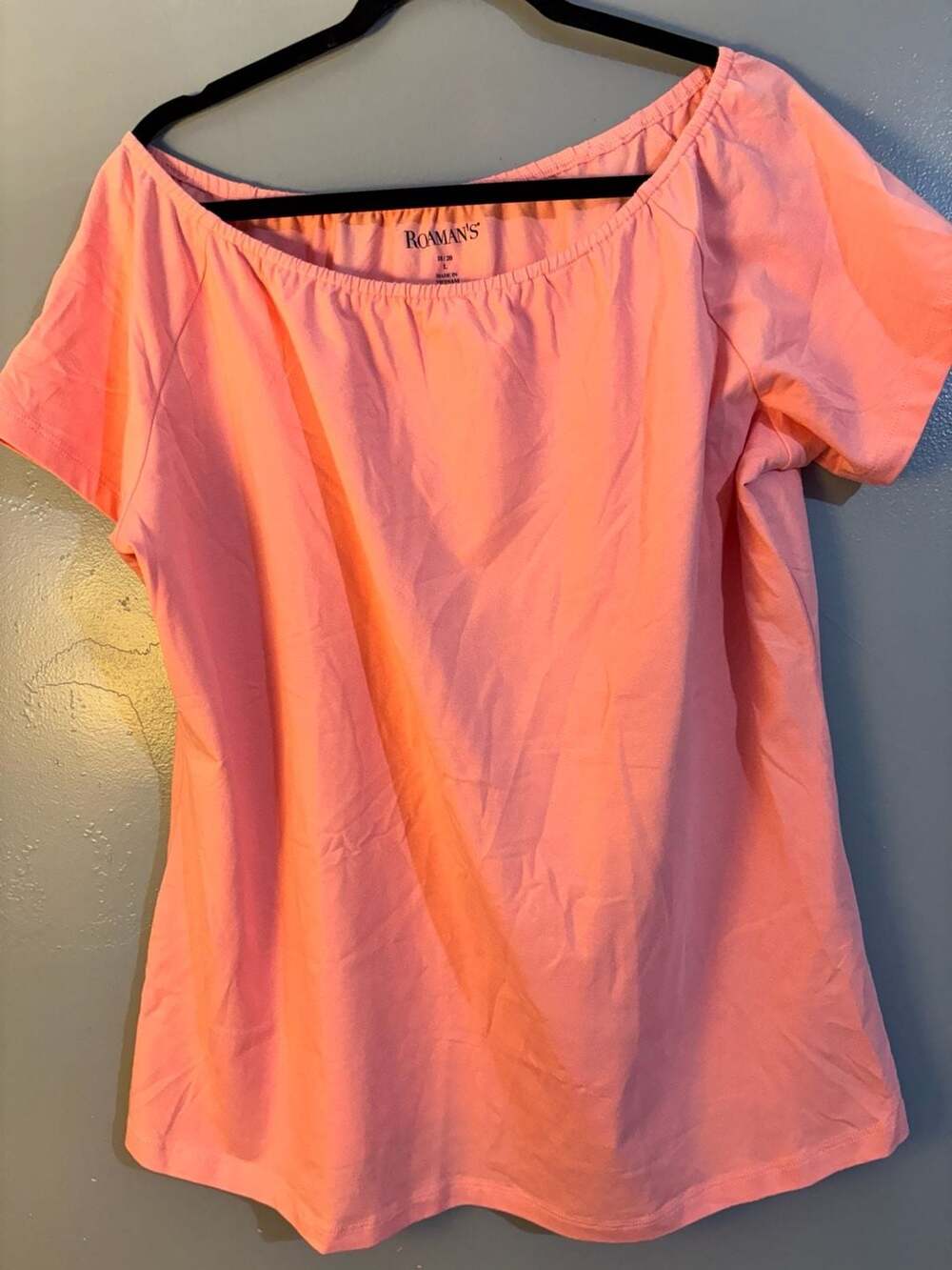 Roaman's Women's Solid Coral Short Sleeve Off-The-Shoulder Casual Top
